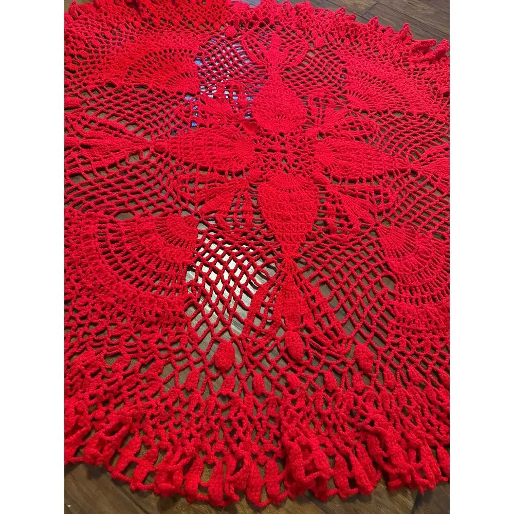 Handmade‎ Crochet Throw Tablecloth Red